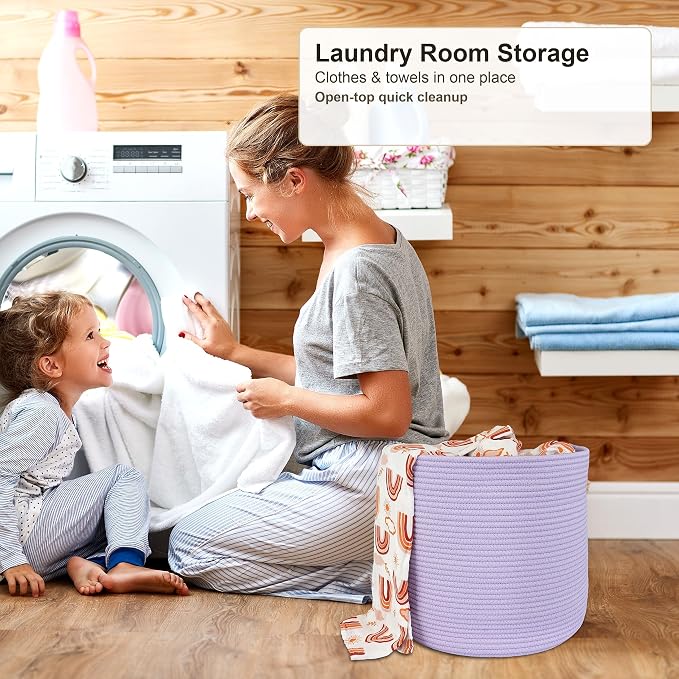 XUANGUO Cotton Rope Basket For Girls Boys Kids 16”X14” purple | Baby Laundry Baskets, Blanket Basket, Nursery Bin; Round Woven Basket Organizer for Toy Storage, Blankets, Shoes and Clothes