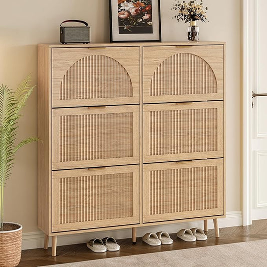 BORNOON Shoe Cabinet for Entryway with 6 Flip Drawers, Slim Wooden Shoe Storage Organizer with Modern Fluted Pannel，Freestanding Narrow Hidden Shoe Rack for Hallway, Foyer, Living Room