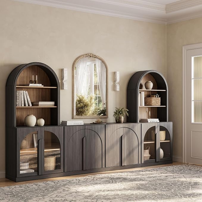 BELLEZE TV Stand Storage 4 Piece Set, Modern Modular Entertainment Center with Storage Tall Media Console with Glass Doors, Wood Side Cabinets for Living Room, Ebony