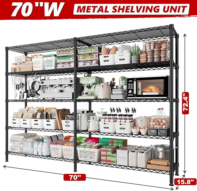 REIBII 70" W Storage Shelves, 1600LBS Heavy Duty & L/H Shaped, for Garage | 5-Tier Freestanding, Adjustable shelf, Powder Coated Moisture Resistant, Anti-Tipping Device, Leveling feet, for Kitchen