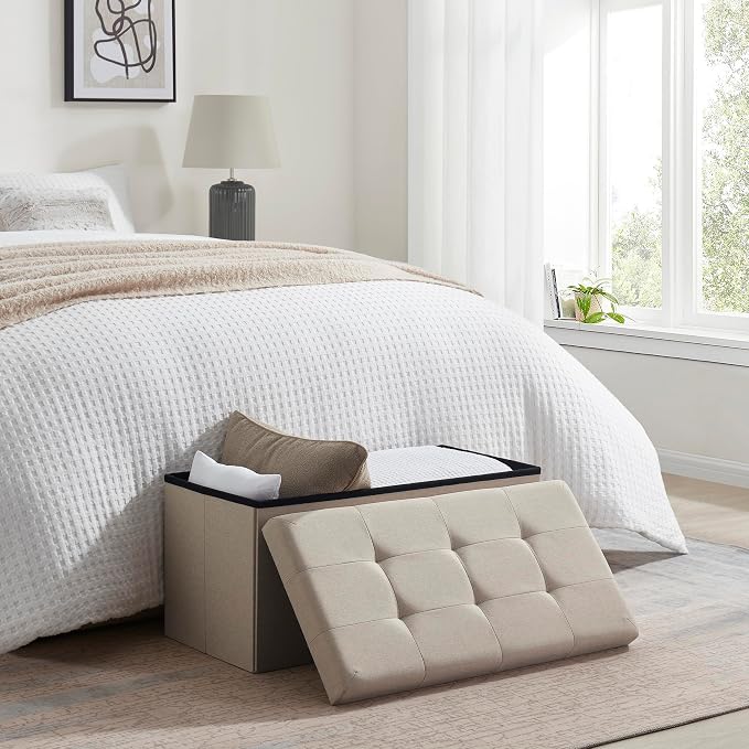 Ornavo Home 30 Inch Folding Storage Ottoman Bench, Tufted Linen, Beige | Upholstered Large Ottoman with Lid; Foot Rest Stool; Ideal for Bedroom, Living Room or Entryway