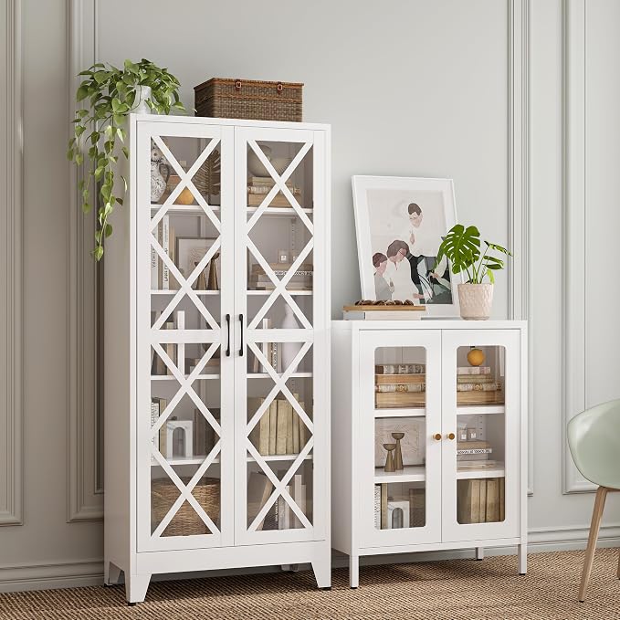 Bevivog 71" Tall Display Cabinet with Glass Doors, Farmhouse Metal Storage Glass Cabinet with 4 Adjustable Shelves, White Vintage Storage Cabinet for Collectibles,Curio, Books, Chinaware, Figures