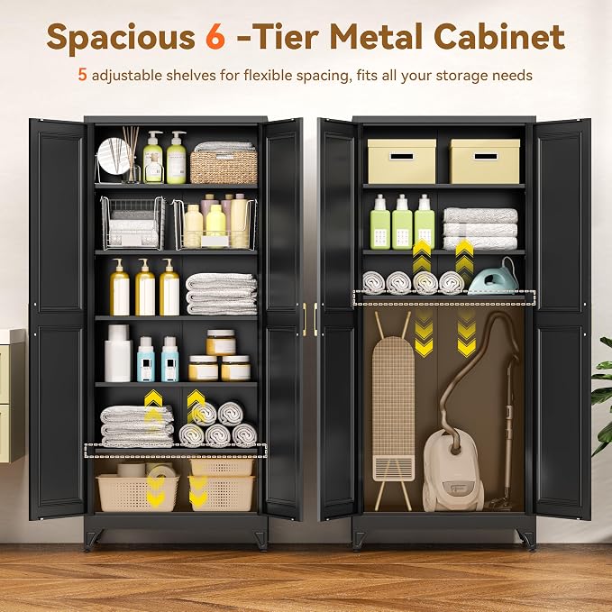 Polup 75" Pantry Cabinet, Tall Metal Storage Cabinet with Doors and Shelves | Black Kitchen Cabinet, 5 Adjustable Shelving, Heavy-Duty Steel, Gold Handles, 4 Standing Feet, for Garage Office & Laundry