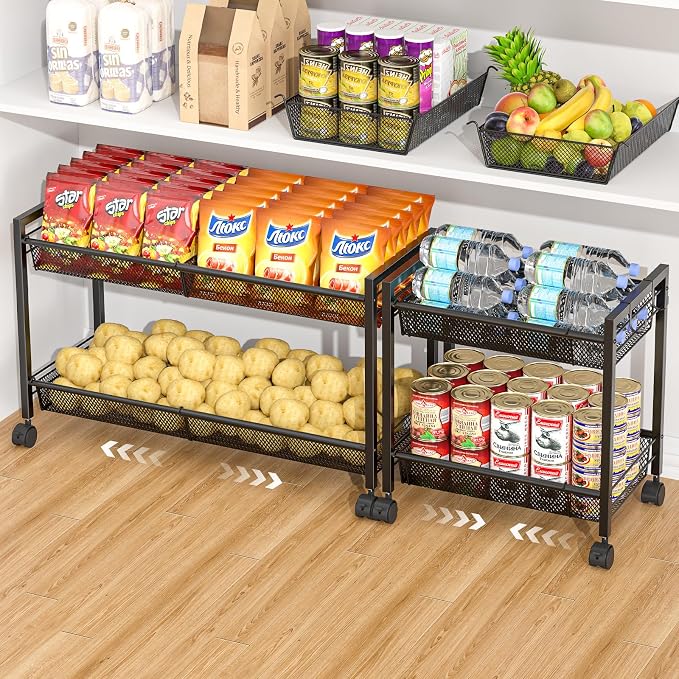 3IngSeagulls 2-Tier Expandable Rolling Pantry Floor Organizer, Stackable Pantry Storage Cart with Wheels, Kitchen Fruit and Vegetable Storage Rack for Onion, Potato, Food, Snacks