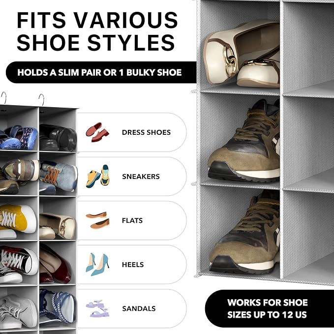 Simple Houseware 24 Section Shelves Hanging Shoes Organizer, Gray | 3 Metal Hooks, 8 Tier, Holds Up to 24 lbs