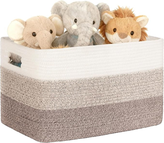 45L Small Woven Laundry Basket Hamper with Handles, Gradient Brown | collapsible wicker hamper, storage for dirty clothes, toys, blankets, gifts, living room, bedroom, bathroom, 18"x14"x11"
