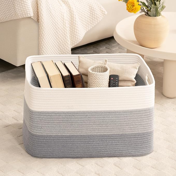 72L Large Woven Laundry Basket Hamper with Handles, Gradient Grey | collapsible wicker hamper, storage for dirty clothes, toys, blankets, gifts, living room, bedroom, bathroom, 22"x17"x12"
