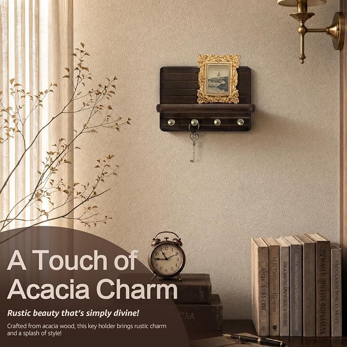 Rebee Vision Acacia Wood Key Holder Wall Mount for Entryway, Dark Brown | Small Key Holder for Wall, 4 Key Hooks, Floating Shelf, Mail Organizer, Compact Home Storage, Ideal for Home Improvement