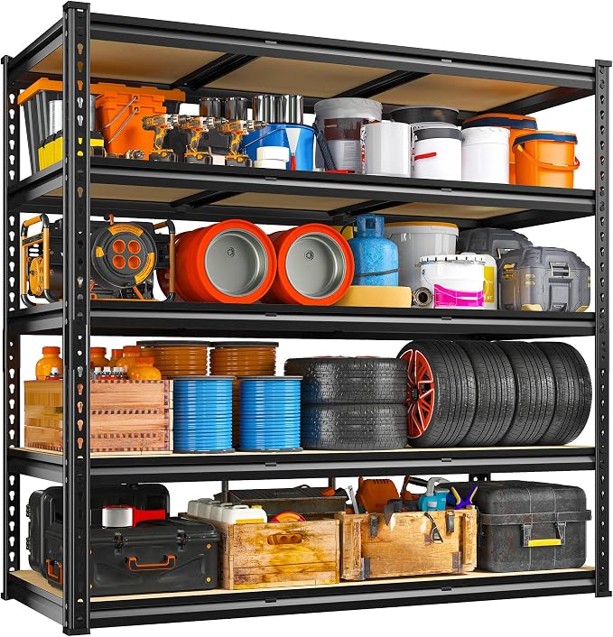 REIBII 48" W Garage Shelving 3000LBS Storage Shelves 5 Tier Industrial Shelving Adjustable Metal Storage Shelves for Garage, Basement, Warehouse, Commercial, Easy Assemble, 48" W x 72" H x 18" D, 2PC