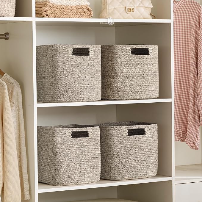 UBBCARE Set of 4 Storage Basket-13 X 13 X 13 in, Cotton Rope Baskets for Shelves, Toys, Book, Cube Storage Bins with Handles, Woven Storage Basket for Organizing, Mix-Brown