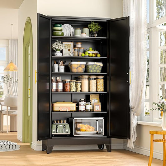 GAIOUS 75.2" Tall Metal Storage Cabinet, Kitchen Pantry Cabinet Black | Food Storage, Kitchen Organizer, Freestanding Cupboard with 2 Doors and 5 Adjustable Shelves, 6 Tier, Steel,for Office Dining