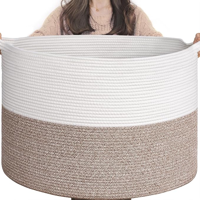 Goodpick Extra Large Woven Blanket Basket Living Room & Playroom, 115L | 23.5 x 23.5 x 15.8 In Woven Basket for Storage, Kids Toy Storage for Playroom, Laundry Basket for Towels, Mele