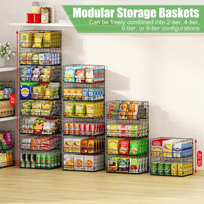 JKsmart 8-Tier XXL Stackable Wire Basket, Pantry Organizers and Storage | Stackable Storage Bins with Dividers & Handles for Pantry Kitchen & Snacks Fruits Veggies & Can Organizer