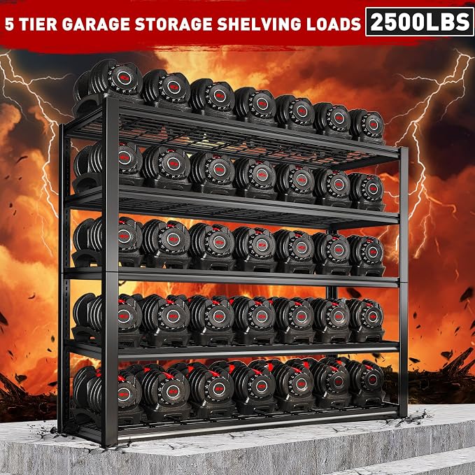 REIBII 48" W Garage Shelving Load 2500LBS, 5 Tier Storage Shelves, Adjustable Garage Storage Shelves, Heavy Duty Shelving for Warehouse, Pantry, Basement, Commercial, 48" W X 72" H X18 D