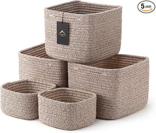 5-Pack Storage Cubes Woven Rope Baskets, 2 Sizes Organizer Bins | Ideal for Closet, Shelf, Bookshelf, Nursery, Changing Table, Cube Storage Bins, Storage Baskets for Bathroom Toy & Home