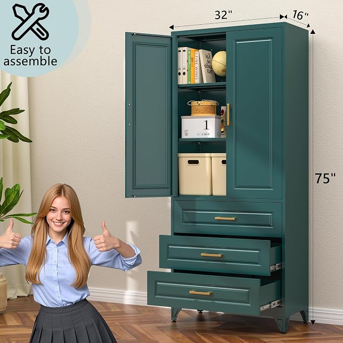 75" Metal Pantry Storage Cabinet with 3 Drawers, Green | Premium Cold-Rolled Steel Frame, Luxury Gold Handles, Adjustable Inner Shelves, Magnetic Doors, Anti-Tipping Kit
