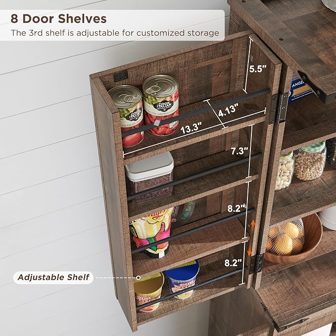 72" Tall Wooden Pantry Storage Cabinet with Door Shelves & Drawer | Farmhouse, Barn Doors, Adjustable Shelves, Freestanding, Anti-tip Kit, for Kitchen, Dining Room, Living Room