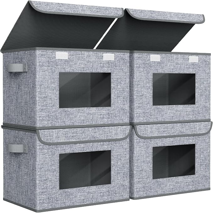Univivi Fabric Foldable Storage Boxes [4-Pack] Large Collapsible Stackable Storage Bins with Lids, Closet Organizers and Storage Cube Basket for Home, Office, Bedroom (Grey, 17'' x 12'' x 12") | 17 x 12 x 12 In Foldable Storage Boxes with Handles, Clea...