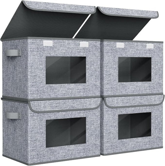 Univivi Fabric Foldable Storage Boxes [4-Pack] Large Collapsible Stackable Storage Bins with Lids, Closet Organizers and Storage Cube Basket for Home, Office, Bedroom (Grey, 17'' x 12'' x 12") | 17 x 12 x 12 In Foldable Storage Boxes with Handles, Clea...