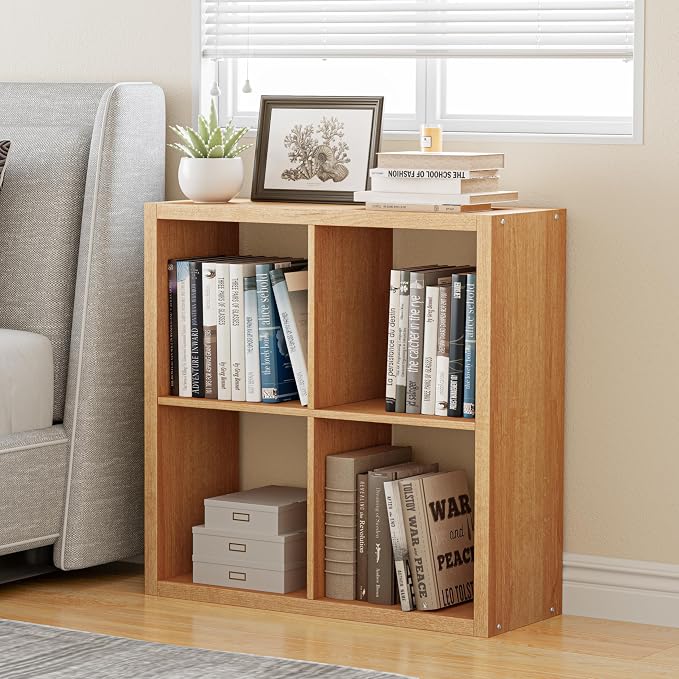 VDNEND Cube Storage Organizer Bookcase, Decorative 11 inch Open Back Cubical Shelf with Thickened Border, Display Bookshelf for Living Room, Home Office, Sturdy Room (Natural Oak, 4 Cube)