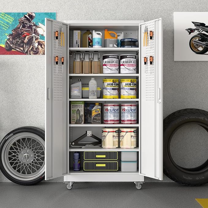 Aobabo 71" White Metal Storage Cabinet with Wheels and Pegboard | 16"D x 32"W x 71"H steel cabinet; lockable doors, 5 adjustable shelves, and wheels for garage, office, pantry.