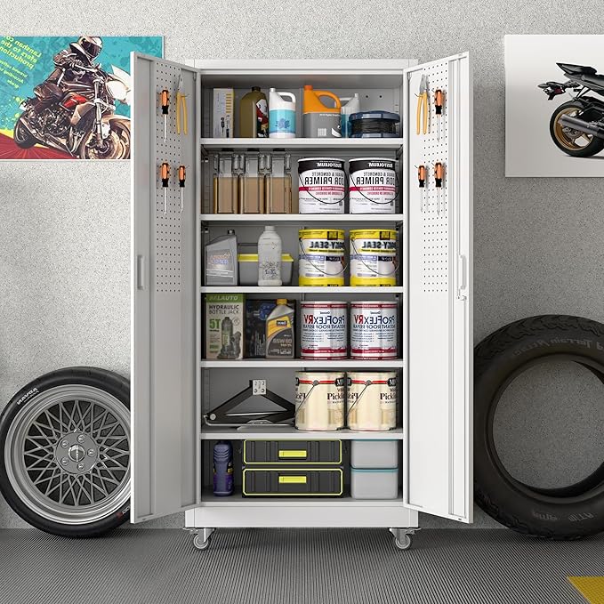 Aobabo Upgraded Garage Storage Cabinets with Wheels,Metal Storage Cabinets with 5 Adjustable Shelves for Garage Home Office Storage,White,71''H*34''W*18''D,Assembly Required