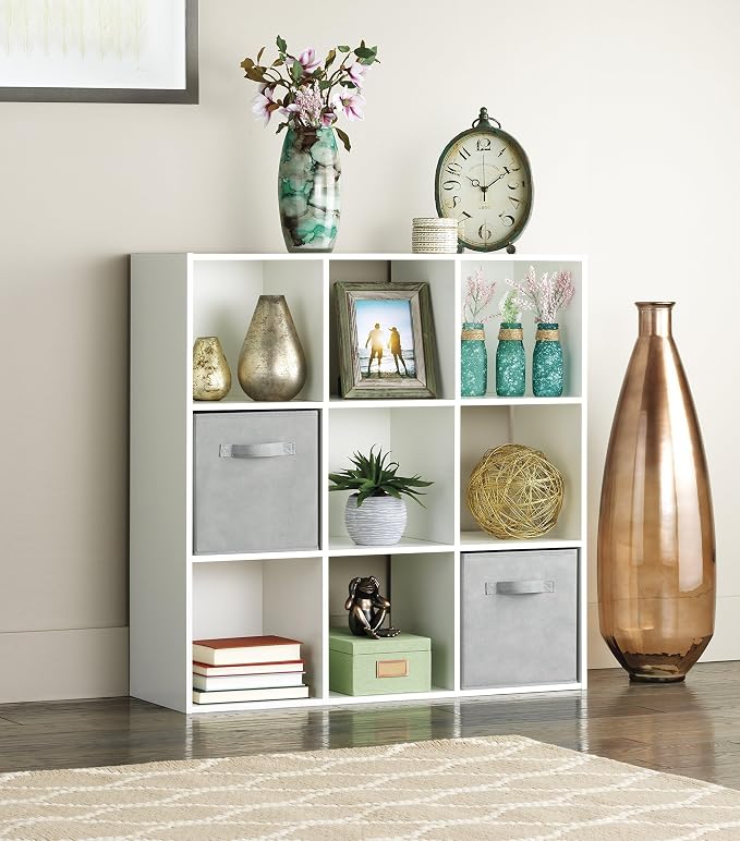Whitmor 9 Cube Bookcase, 3 Tier Stackable MDF Bookself, Open Storage Display Organizer, Storage Cabinet for Living Room, Bedroom, Home, Office, 35.5" L x 11.7" W x 35.5" H, White