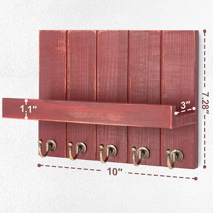 Rebee Vision Key Holder Wall Mount with Floating Shelf for Home Decor, Red | 3.54" x 10" x 7.28", 5 Hooks, Pine Wood, Key Holder for Wall for Room Decor, Apartment Essential, Cozy Farmhouse Decor