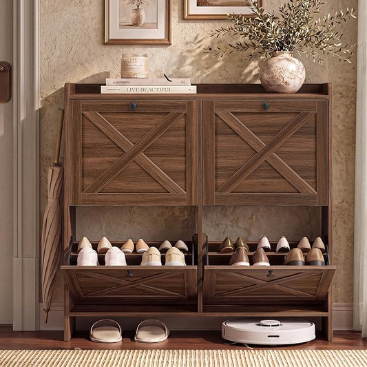 VASAGLE Shoe Storage Cabinet Organizer with 4 Flip Drawers, Freestanding Narrow Shoe Rack Cabinet for Entryway, Farmhouse Style, Fits 14 to 16 Pairs, Chestnut Brown UHSC403KX01