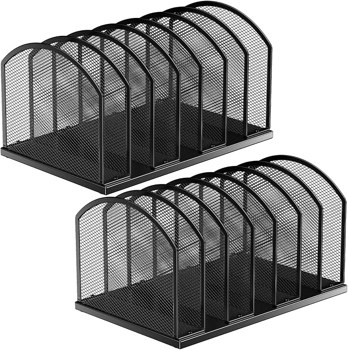 2 Pack 7-Section Metal Upright File Sorter Organizer，Office Small Letter Sorter Desktop File Organizer Metal Mesh Iron Sole, Black