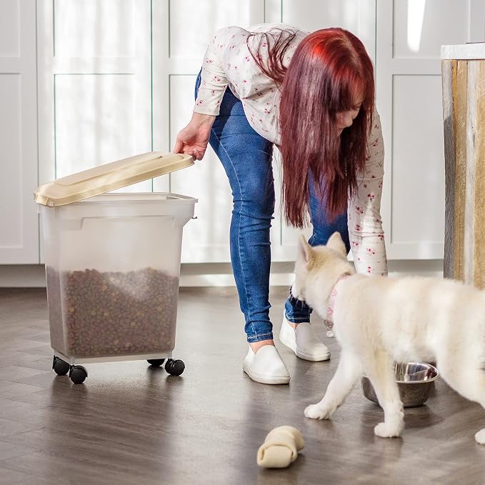 IRIS USA Dog Food Storage Container, Up to 22 lbs, Almond, Made in USA | Wheels for Mobility, Airtight Seal, BPA-Free, Best for Cat Food, Bird Seed, Chicken Feed, Pet Toys, Treats, Pellets
