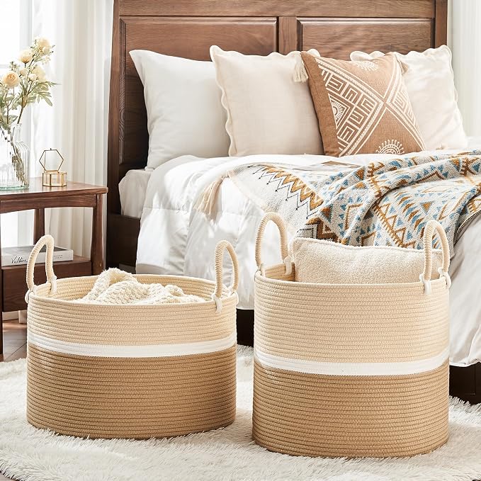 KAKAMAY Large Blanket Basket with Handles, Storage Basket for Living Room | Extra Large Capacity | Natural Cotton Rope | Blanket Storage | Woven Storage Basket | Stuffed Animal Storage | Laundry Basket