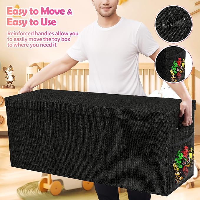 Extra Large Toy Box, Collapsible Toy Storage Organizer, 40"x16"x16", Black | Sturdy Kids Toys Bin Chest with 2 Mesh Pockets and Dividers for Boys Girls, Bedroom & Living room Toy Organization