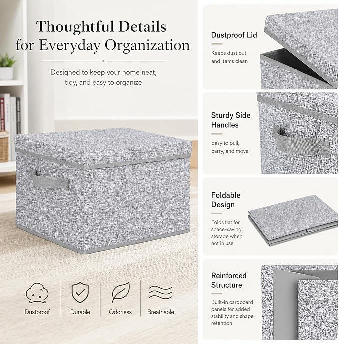 WUIKE Foldable Storage Bins with Lids, Storage Boxes with Handles, Closet Shelf Organizer, Fabric Storage Baskets with Cover for Bedroom, 3-Pack, Ash Gray, Extra Large