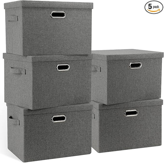 Graciadeco Large 17" 36 Quart Collapsible Stackable Storage Bins with Lids, 5 Packs Gray Foldable Fabric Closet Storage Boxes with Lids, Heavy-duty Linen Cube Baskets(17 x 12 x 11) | 36 Quart 5 Pack Gray1 Collapsible Stackable Linen Fabric 4 Handles Be...