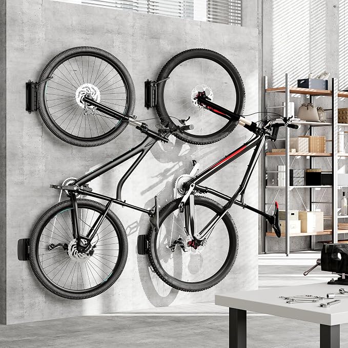 monTEK Swivel Bike Wall Mount, Vertical Bike Rack for Garage, 2 Pack, Gray | Space-saving wall bike rack with 150° swivel holds 66 lb each; fits tires up to 3.54 in wide; helps protect rims and walls