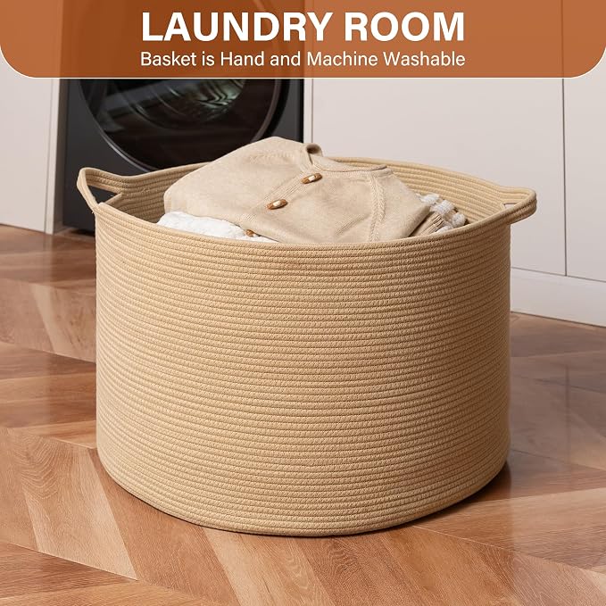 Foldable Laundry Hamper Basket with Collapsible Handle Cotton Rope Soft Woven Fabric Storage Organizer Clothes Toys Nursery Bedroom Dorm Space Saving Bin (Camel, 65L(19.7"D x 12.6"H))