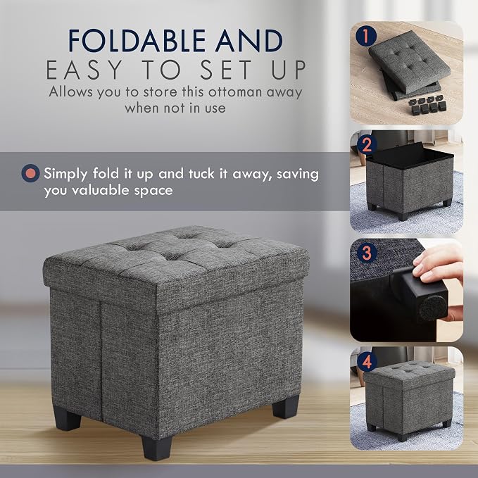 Ornavo Home Small Rectangle Storage Ottoman with Legs, 12x16x12, Dark Gray | Foot Rest Stool Seat; Holds Up to 600 lbs; Ideal for Living Room, Bedroom, Home Office or Dorm