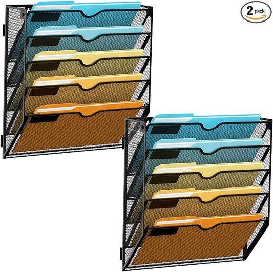 SUPEASY 5 Tier Wall File Organizer, Hanging Wall Mounted Mail Organizer with Label Slots, Metal Mesh File Holder Magazine Rack for Office, Home, School or Classroom, Black, 2Pack