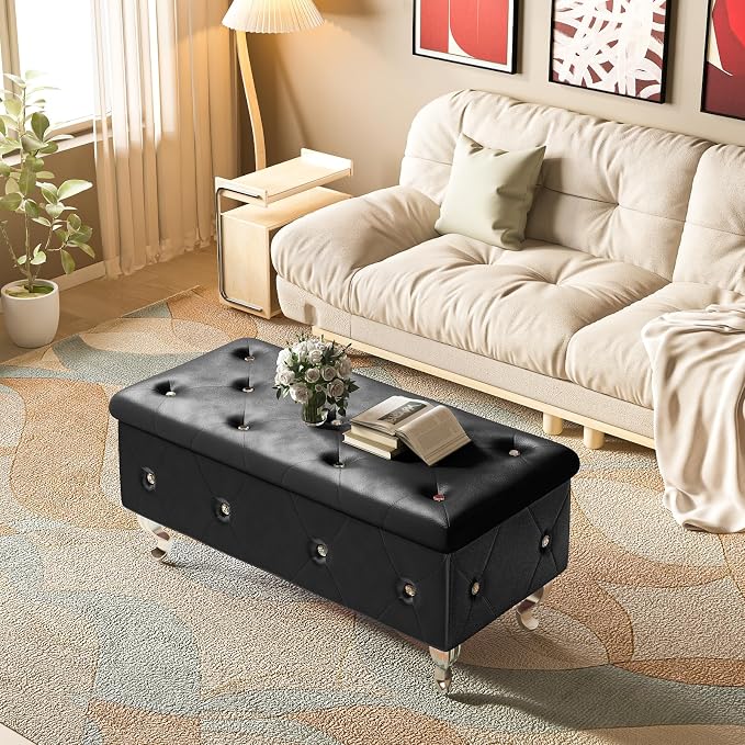 Recaceik Ottoman with Storage, Small Upholstered Storage Bench for Bedroom, Ottoman Bench with Legs for Living Room, End of Bed, Entryway, Window, Black