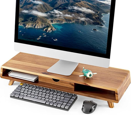 TINAMO Acacia Wood Monitor Stand with Drawer - Wooden Monitor Riser for Desk - Computer Monitor Stand for Desk - Multi-Purpose Desktop Storage Stand for Computer; Laptop; Printer; TV - 24.4 " x 8" x 5" (Patented)