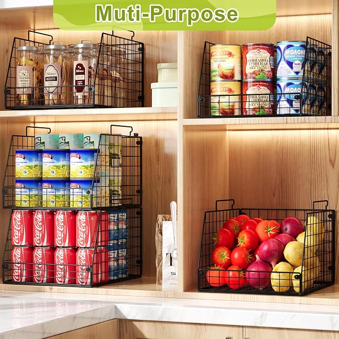 Jakyitvi 5 Pack XXL Stackable Wire Storage Basket, Extra Large Capacity Pantry Organizer and Storage, Muti-Purpose for Fruit Vegetable Basket & Toy Bin & Snack Organizer