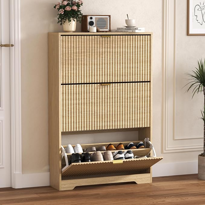 HUANLEGO Shoe Cabinet Storage for Entryway with 3 Flip Drawers, Oak Fluted Shoe Cabinet with Adjustable Shelves, Wooden Hidden Shoe Rack Freestanding Narrow Slim Shoes Storage for Hallway, Entrance