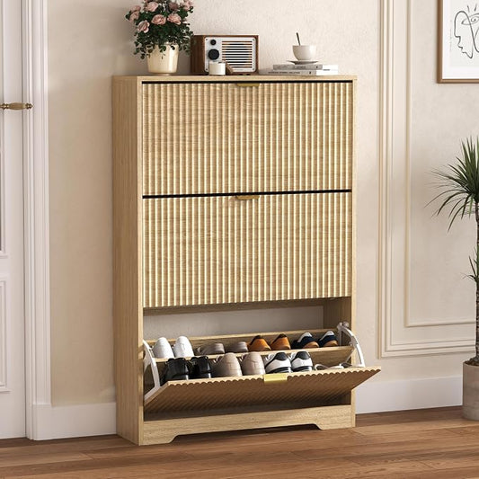 HUANLEGO Shoe Cabinet Storage for Entryway with 3 Flip Drawers, Oak Fluted Shoe Cabinet with Adjustable Shelves, Wooden Hidden Shoe Rack Freestanding Narrow Slim Shoes Storage for Hallway, Entrance