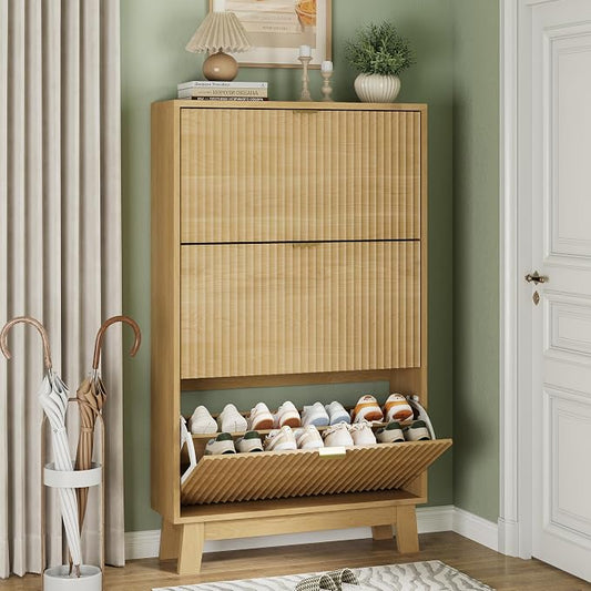 Xixini Shoe Cabinet with 3 Flip Drawers, 54" Tall Narrow Fluted Shoe Storage Organizer for Entryway, Hidden Slim Wooden Shoe Rack Cabinet for Front Door Entrance, Hallway, Living Room, Natural Oak