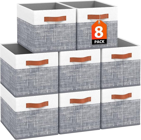 Fab totes Collapsible Storage Baskets for Shelves,14"x10", 8 Pack Foldable Fabric Storage Bins with Double Leather Handles, Large Baskets for Organizing Books, Clothes, White & Grey