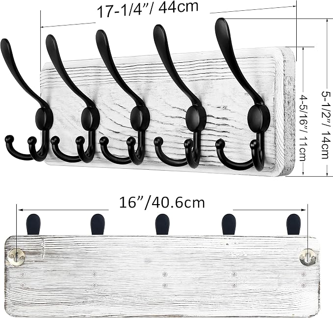 SKOLOO Rustic Wall Mounted Coat Rack, 16" Stud Spacing, Wood Coat Rack Wall Mount with 5 Triple Hooks, Farmhouse Coat Hanger Wall Mount for Hanging Backpack Jacket Coat Hat, Pack of 2