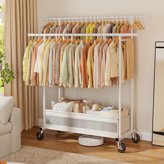 Clothes Rack 210 LBS Double Rods Extra Storage Basket | Rustproof Coated Steel, Anti-bending Design, 360° Sturdy Wheels, 10-Min Tool-Free Assembly, Metal Garment Rack for Home