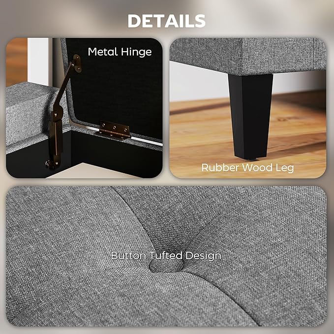 HOMCOM 36" Ottoman with Storage, Lift Top Rubberwood Legs 330 lb Gray | Storage Ottoman Bench, Linen Upholstered Entryway Seat, Living Room, Bedroom