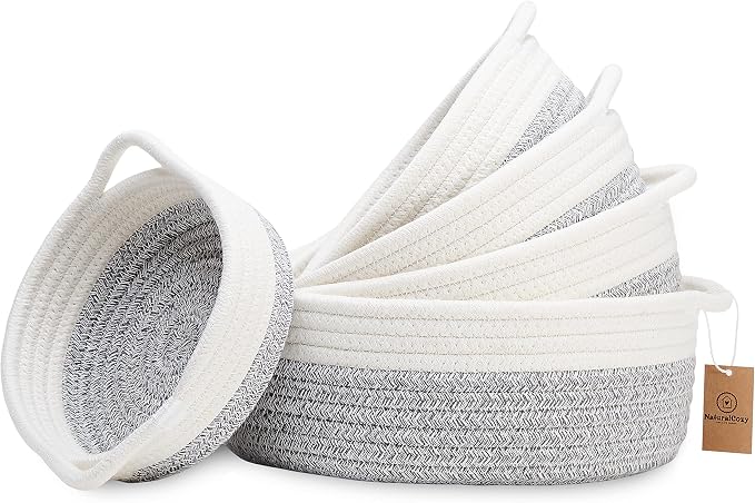 NaturalCozy 5-Piece Round Woven Cotton Rope Storage Baskets for Organizing, Small Shallow Nesting Set for Montessori Toys, Entryway Catchall, Fruit Bowl, Key Tray, Remote Holder, Nursery & Pet Toys